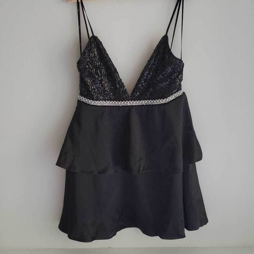 LAST CALL Black Squin Tiered Satin Mini Dress